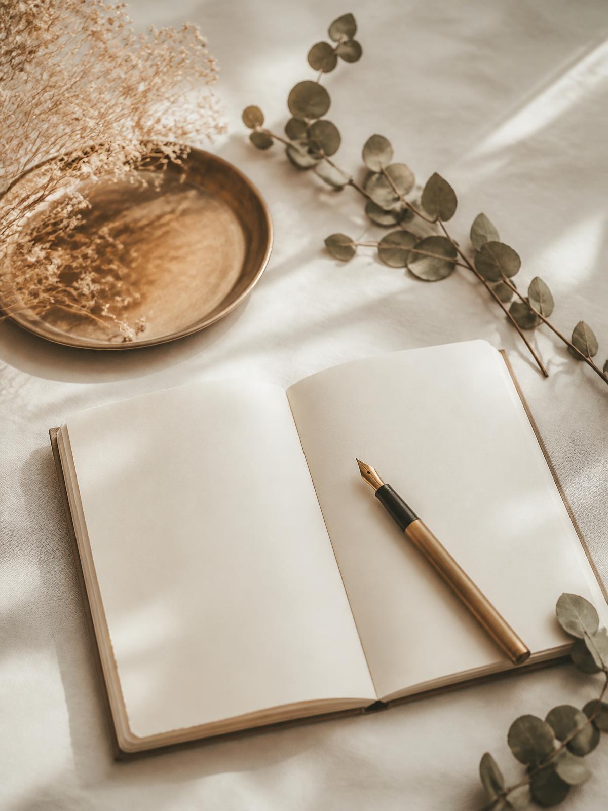 Caderno aberto com caneta dourada, flores secas e luz natural suave